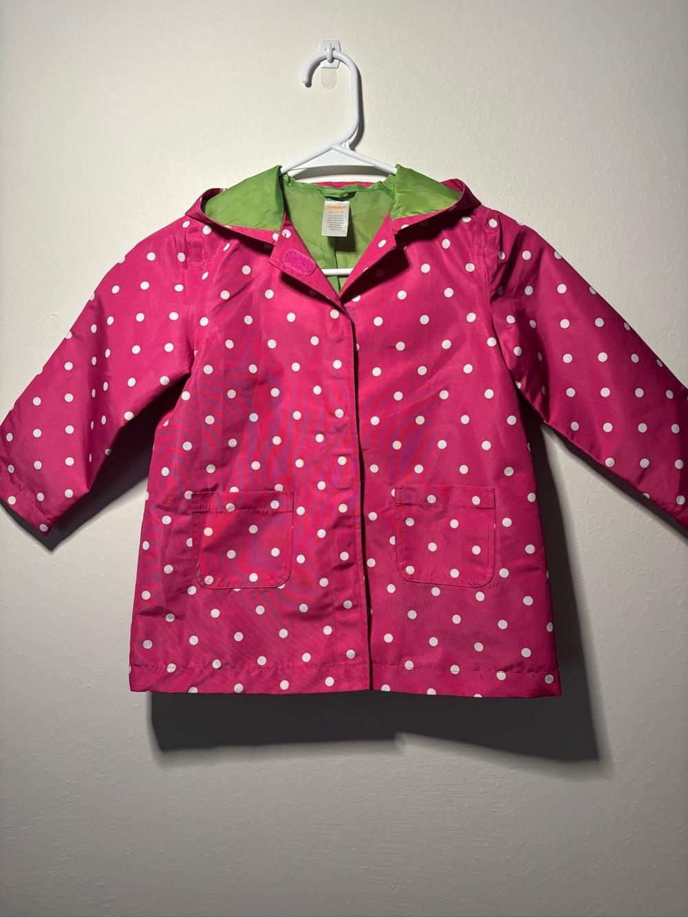 Gymboree Girls' Pink Polka Dot Hooded Raincoat w/ Pockets, Green Lining XS(3-4)